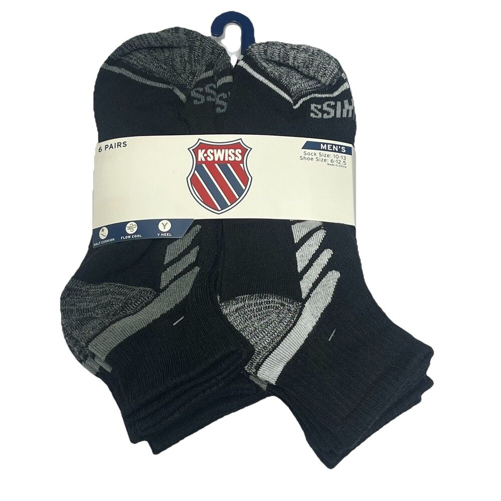 K SWISS Men’s HF CSH Quarter Mesh Socks 6 pk Black Half Cushion Flow Cool‎ NWT